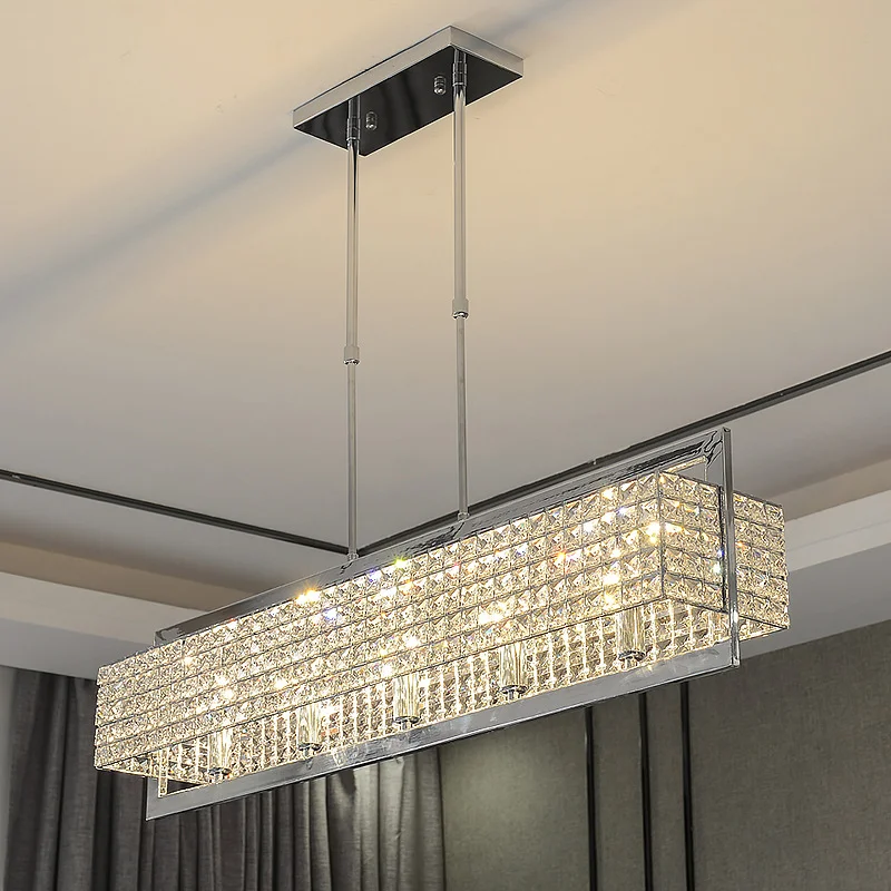 

Modern Luxury Dining Room E14 Led Pendant Lights Straight Lustre Chrome Steel K9 Crystal Hang Lamp Rod Suspend Lamp Fixtures