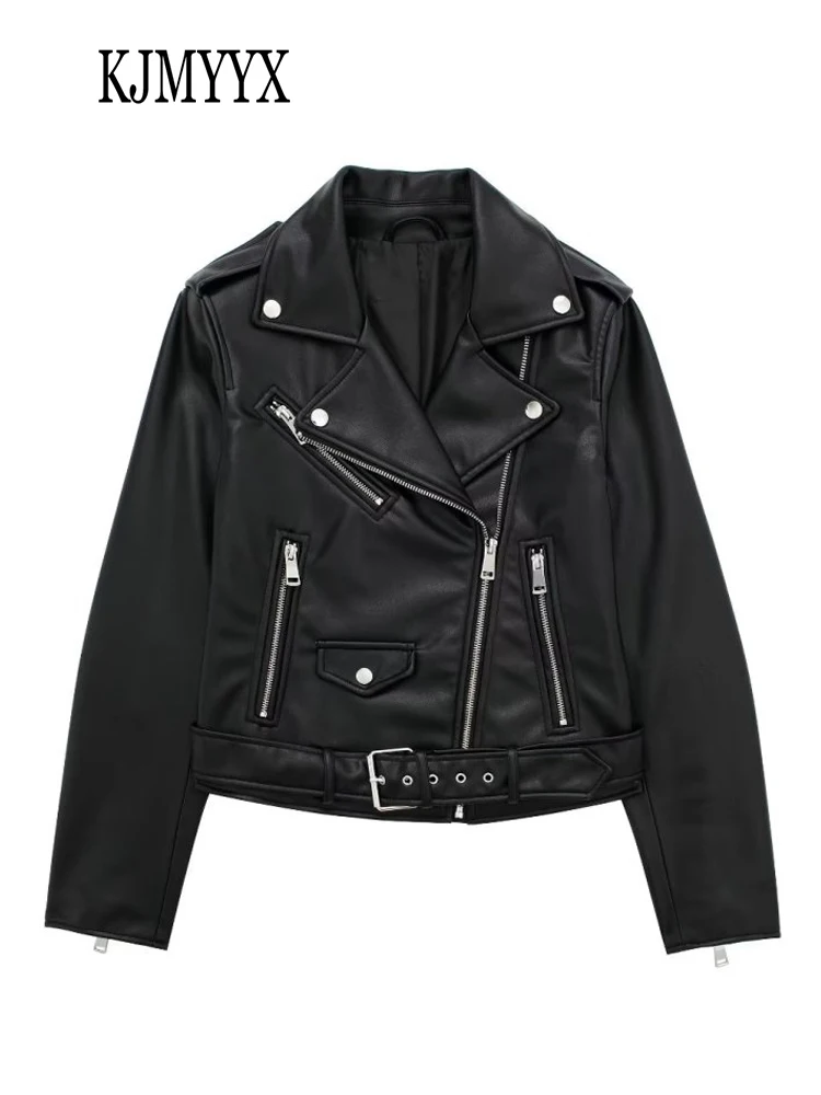 

KJMYYX женская модная черная куртка оверсайз из искусственной кожи пальто 2023 весна осень Женская Повседневная Байкерская верхняя одежда на молнии топы
