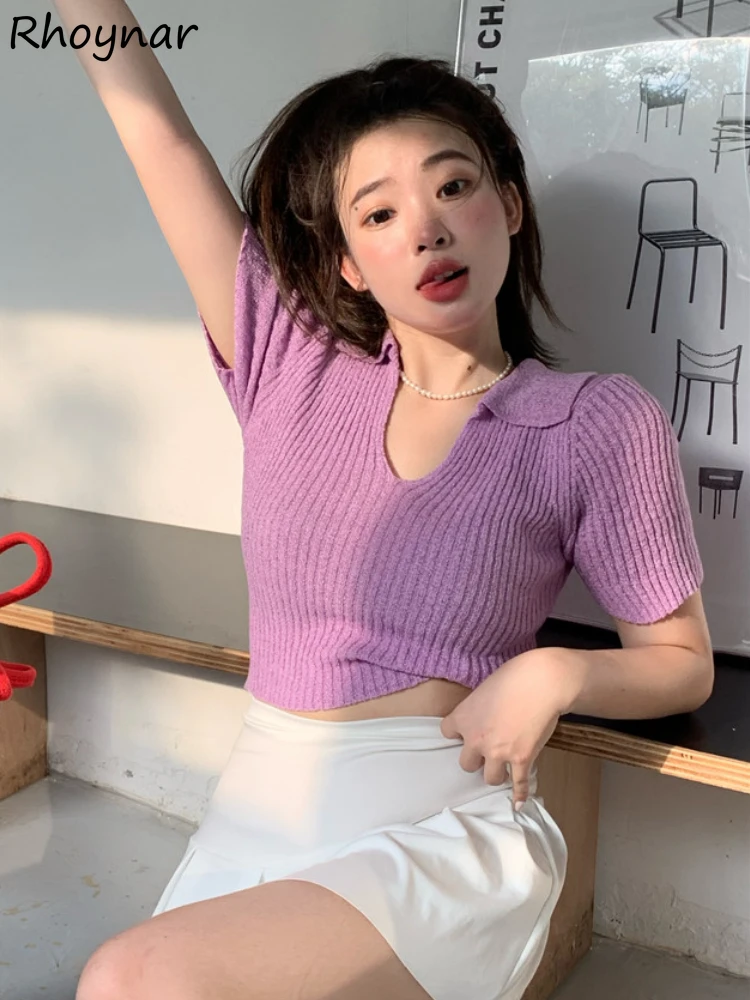 

Vintage Purple V-neck T-shirts Women Sexy Slim Sweater Clothes Knitted Thin Sweet Crop Tops Fashion All-match Tender Popular Ins
