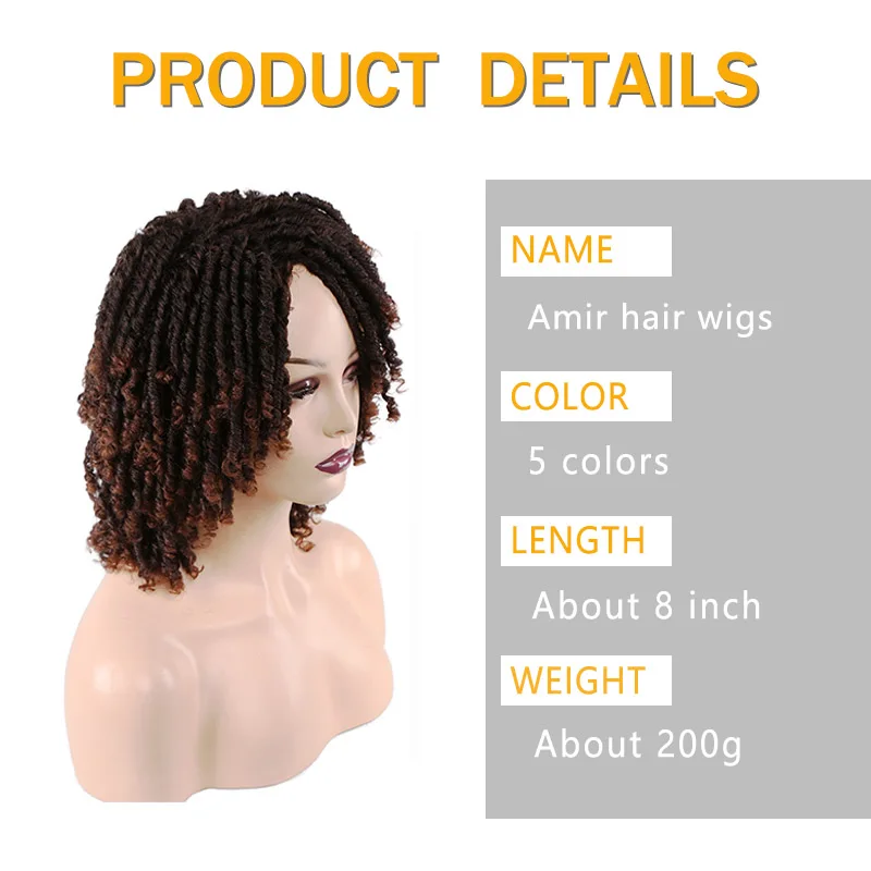Amir Synthetic Braid Wigs Dreadlock Short Twist Curly Wig Ombre Brown for Black Women and Men Afro Crochet Hair Faux Locs images - 6