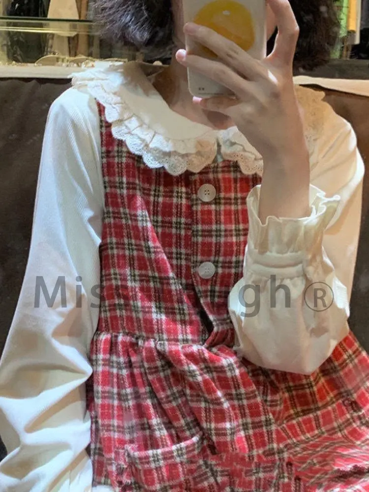 

Autumn Vintage Sweet Blouse Women Japanese Style Patchwork Lace Kawaii Solid Tops Long Sleeve Ruffled Casual Blouse Female 2022