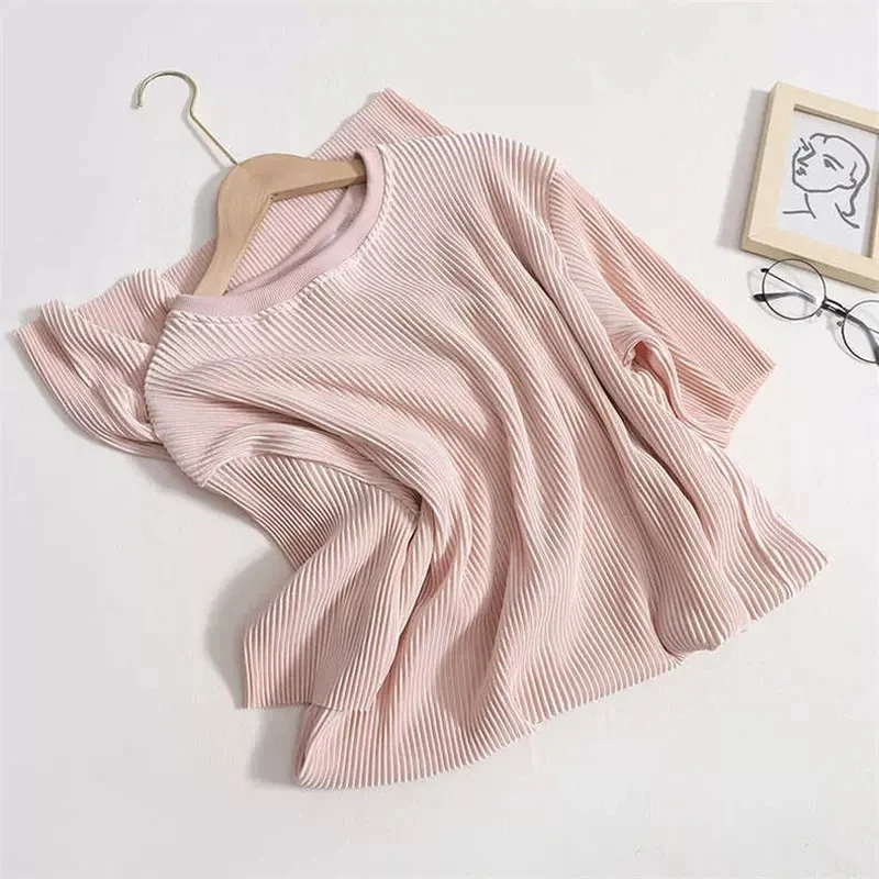 

Korean Pleated Vertical Pattern Short Sleeved Dress For Women Clothing Summer Round neck Loose Home Long T-shirt Dresses AC420