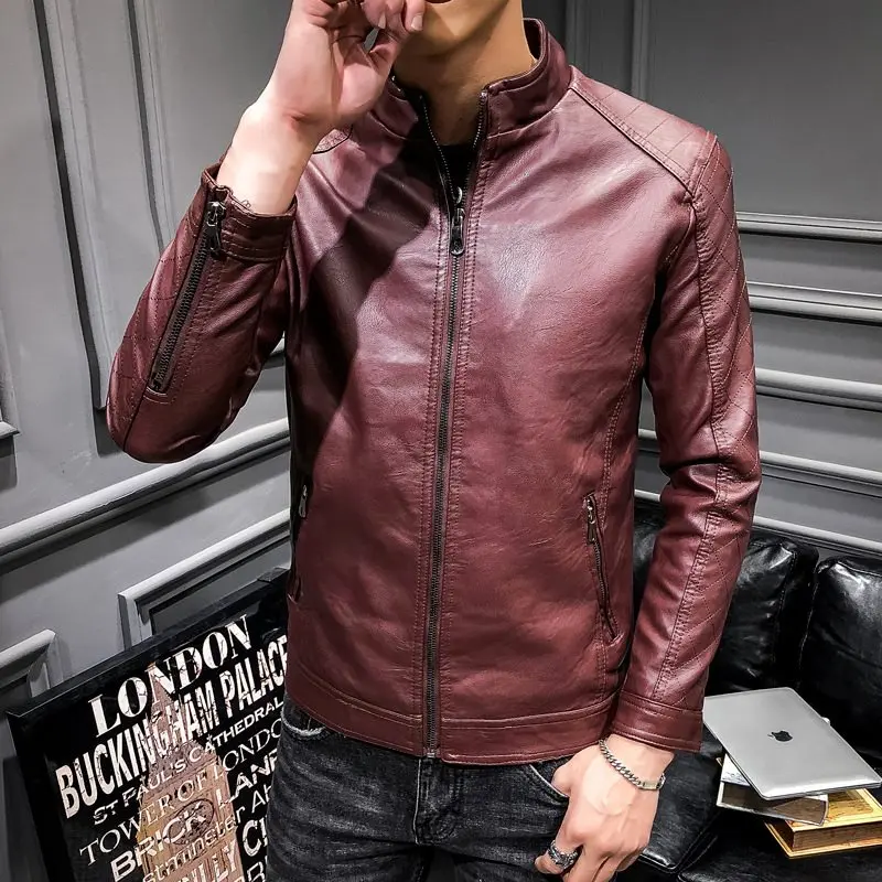

Men's Spring and Autumn New Casual Slim Solid Color Plus Velvet Thin Soft Leather Jacket Long Sleeve Jacket Windproof 3 Colors