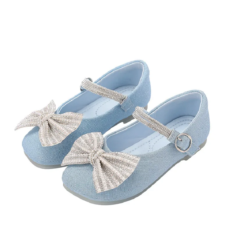

Girls Blue Flat Shoes Princess Single Shoe 2022 Kid's New Kids Luxury Shoes Children Leather Bowknot Girl Glass Slipper Shoe
