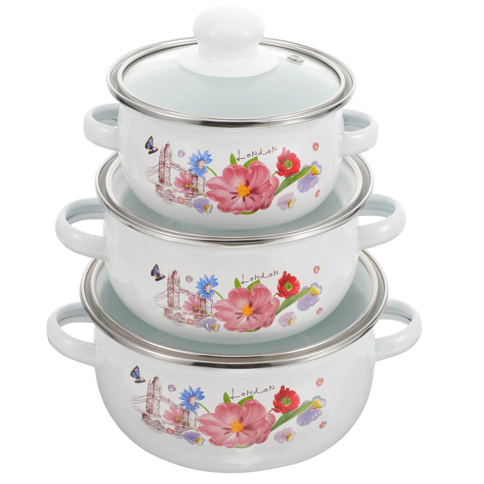 

3Pcs Enamel Stockpot Vintage Cooking Pot Double Handle Stew Pot Household Soup Pot with Lid