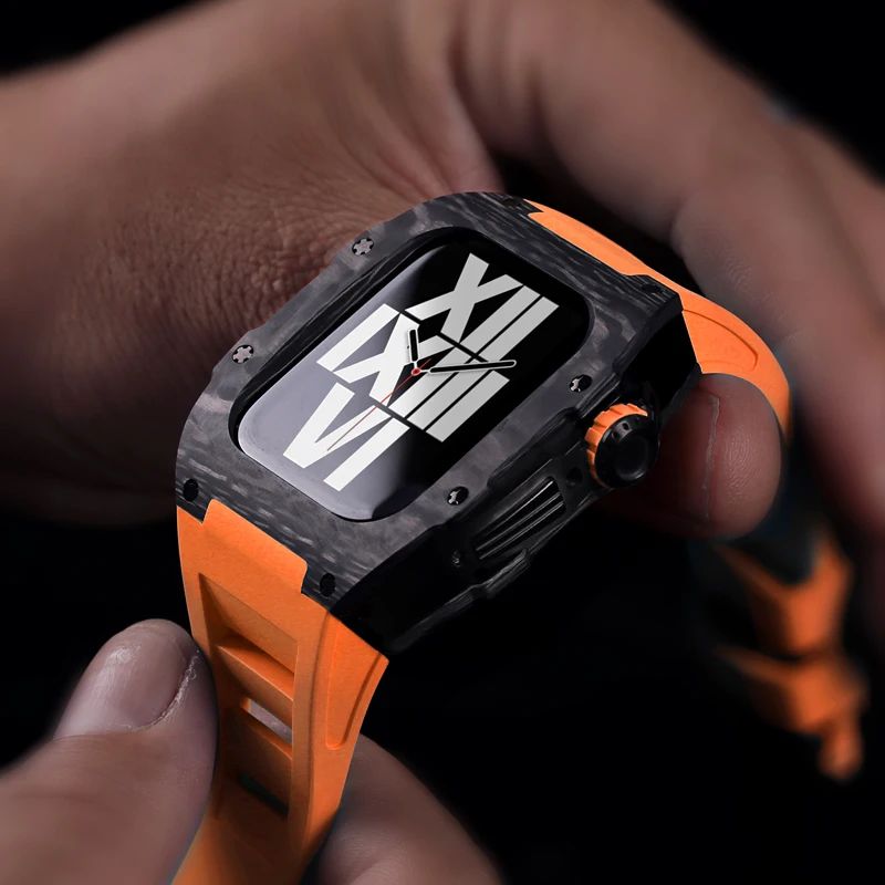 Carbon Fiber Modification Kit For Apple Watch 8 7 Rubber Luxury Metal Frame Set for iWatch 6 5 4 SE 44MM 45MM Stainless Steel