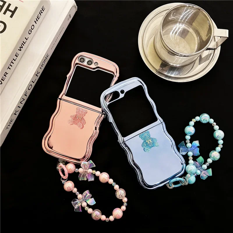 Блестящий чехол с медведем и гальваническим покрытием для телефона Samsung Galaxy Z Flip 6