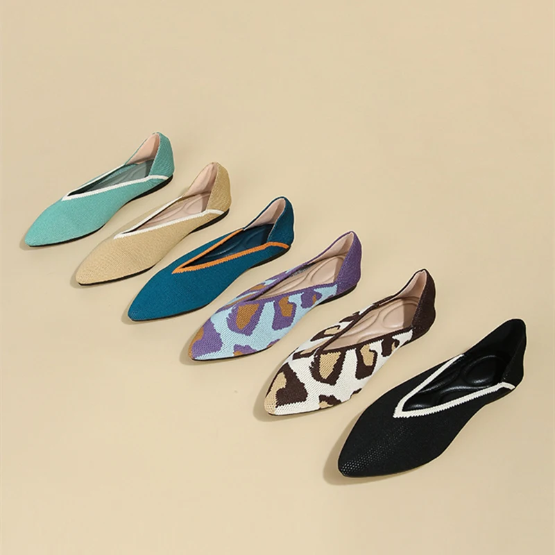 Princess Shoes 2022 New Leopard Knitted Shoes Pointed Flat Shoes Women's Ballet Shoe Soft Shallow Pregnant Shoe Zapatos De Mujer