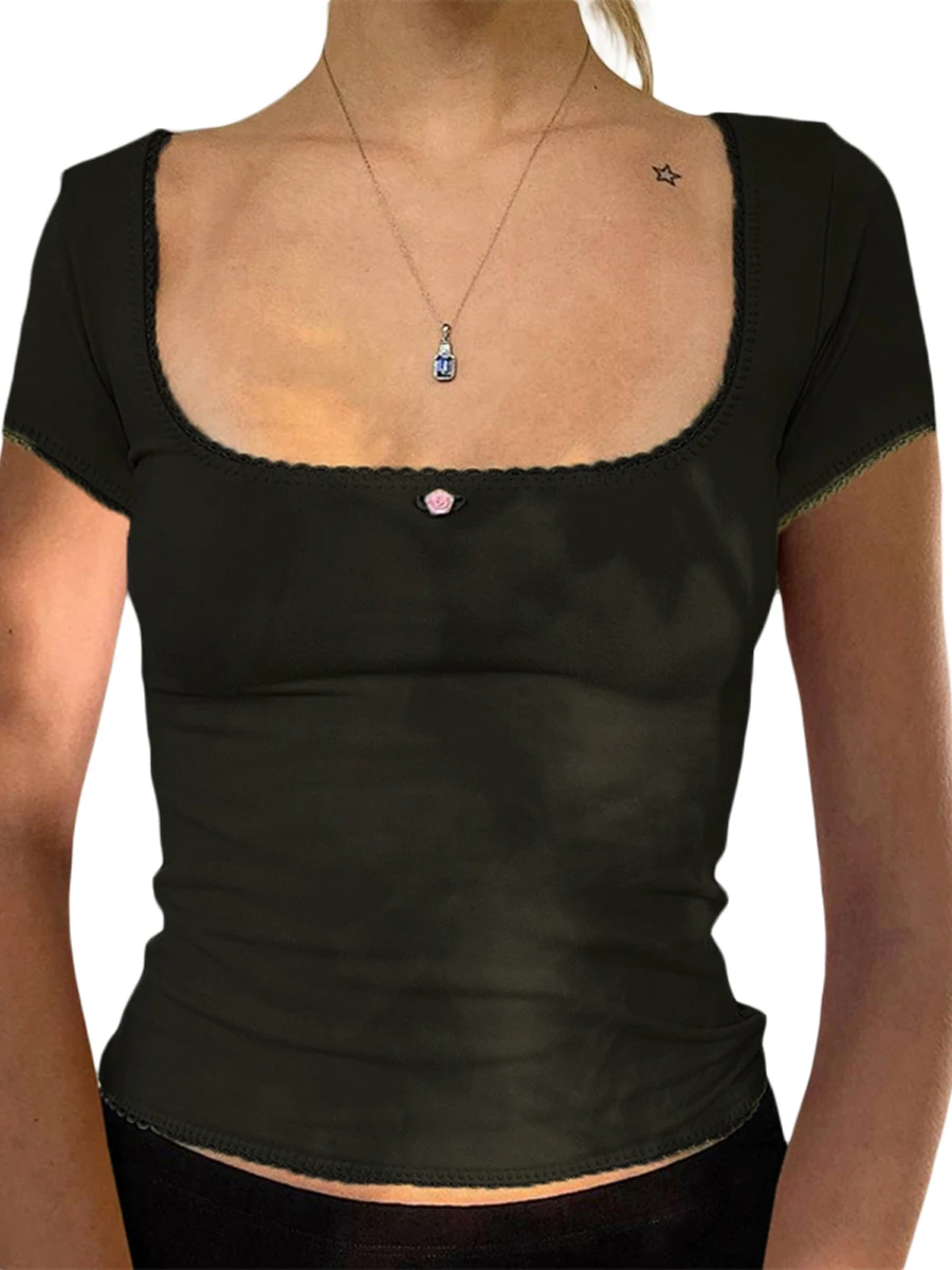 

Women Summer Y2K Fairycore Grunge Tee Shirts Square Neck Patchwork Short Sleeve Crop Top Vintage 90s E-Girl Tees Tops Streetwear