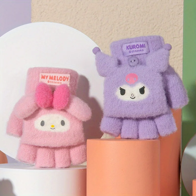 Kawaii Sanrio Kuromi My Melody зимние детские вязаные перчатки уличные морозостойкие теплые
