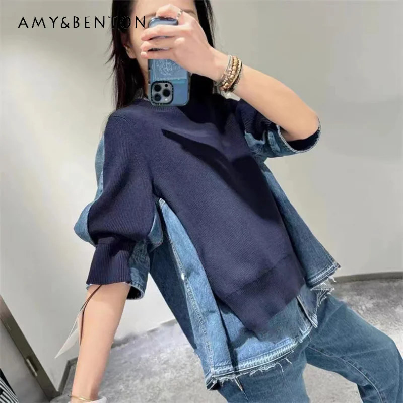 Niche 2023 Spring New Jean Pullover All-Matching Sweater Top Fashion Denim Stitching Short Sleeve Sweater Denim Blouse For Women
