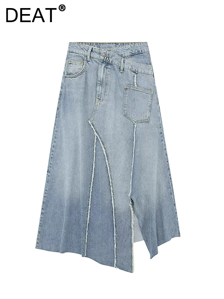 

DEAT Women's Denim Skirt High Waist Asymmetrical Patchwork Split Solid Color Loose Long Skirts 2023 Autumn New Fashion 29L2615