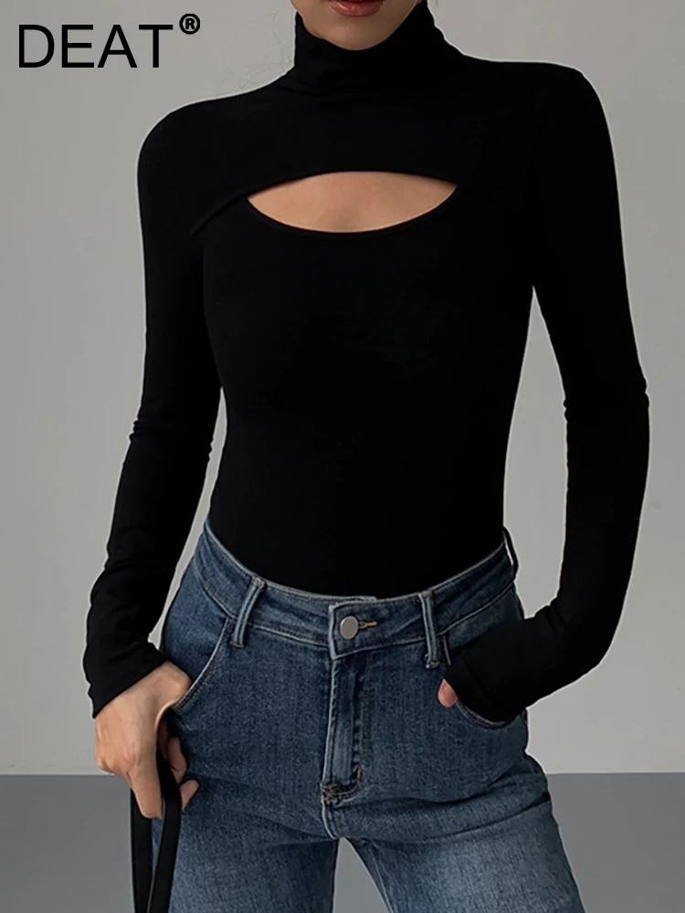 

Женский трикотажный пуловер DEAT, однотонный облегающий свитер с высоким воротником и длинным рукавом, весна 2023