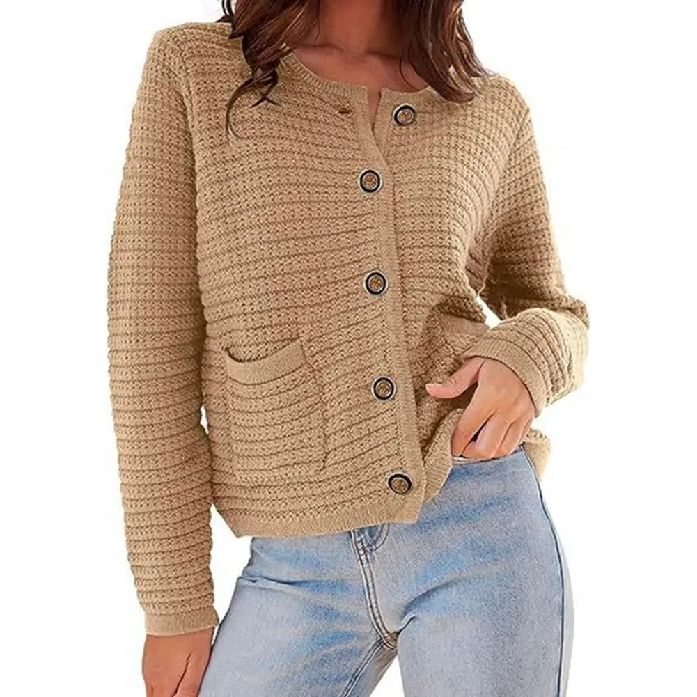 

Autumn Women Cardigan Sweater Top Single-breasted Solid Color Long Sleeve Round Neck Knit Commute Vintage Pockets Lady Jacket