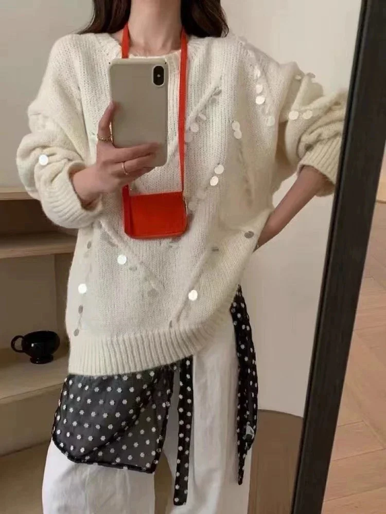 Свободный мягкий свитер с круглым вырезом из 100% мохера пайетками для женщин