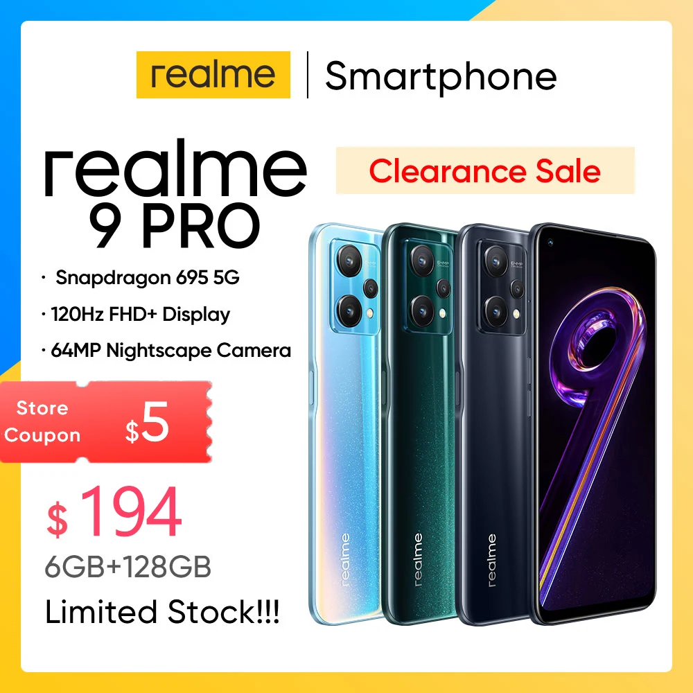 

realme 9 Pro 5G cellphones 6.6inch FHD+ Display 120Hz Qualcomm Snapdragon 695 5G 64MP Camera 5000mAh Battery NFC smartphone