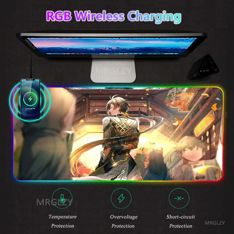 

Genshin ударопрочный RGB светодиодный беспроводной зарядный коврик для мыши ZHONGLI настольные коврики коврик Type C зарядное устройство коврик XXL бо...