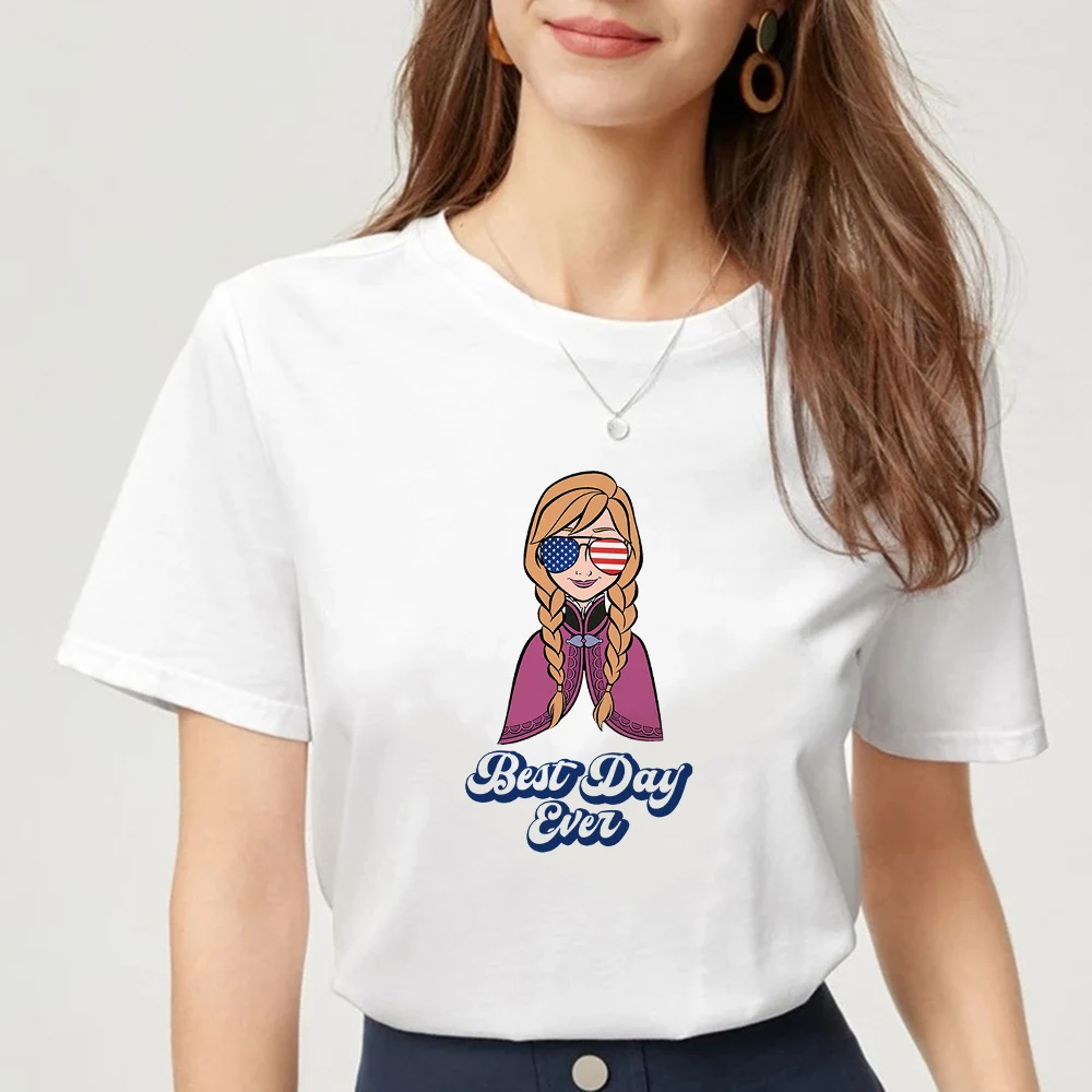 

Женская футболка Frozen Anna с мультяшным принтом Disney, американский флаг, графические солнцезащитные очки, женская футболка, удобная одежда S-3XL