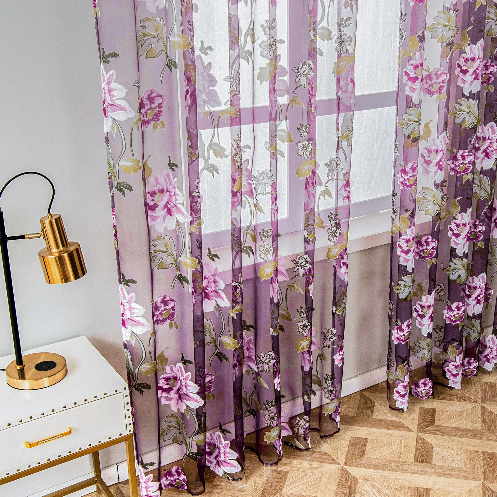 

Purple Floral Tulle Sheer Curtains for Living Room Bedroom Kitchen Shade Window Drape Elegant Peony Voile Curtain Blinds Panel
