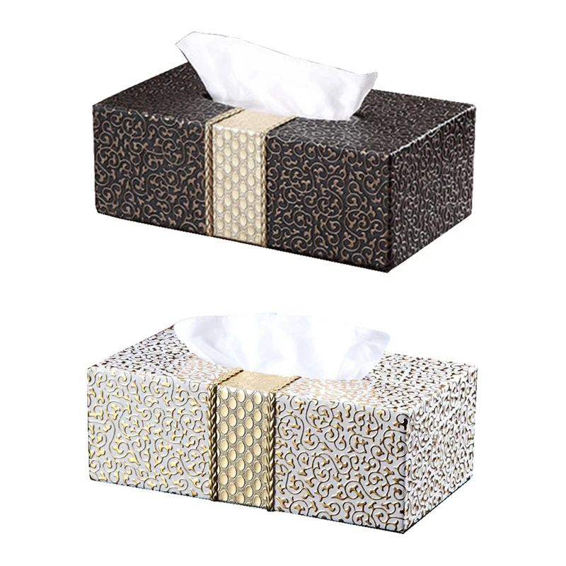 

2Pcs Car Home Rectangle Shaped Tissue Box Household Living Room Desktop Napkin Tissue Holder - Black+Gold & White+Gold