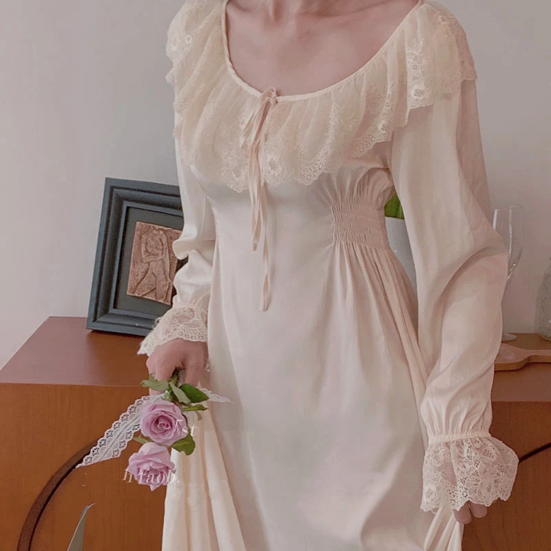 

Princess Nightgown Bridal Sleepwear Satin Nightdress Casual Sweet Home Clothes Outwear Round Neck Lace Trim Home Dressing Gown