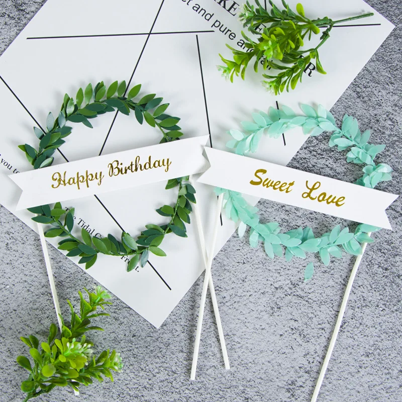

5Pcs Cake Insert Rattan Grass Circle Happy Birthday Flag Wedding Party Decoration Dessert Table Sweet Home Baking Accessories