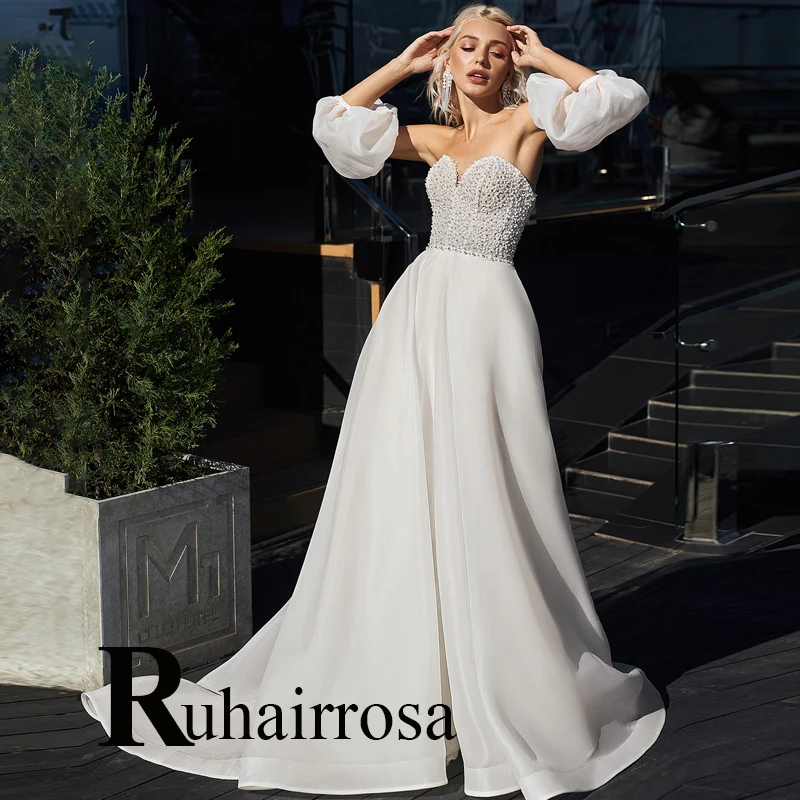 

Ruhair Luxury Beading Pearls Wedding Dresses Detachable Sleeves For Women Appliques Lace Up Robe De Mariée Formal Brides Gown