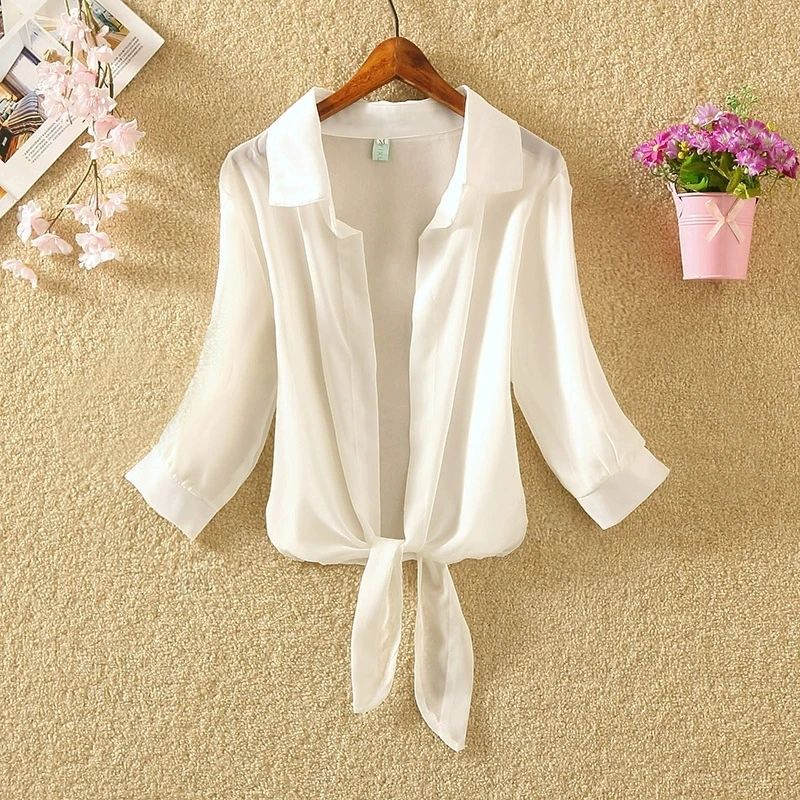 

Chiffon Women's Blouse White Casual Shirt Summer Solid Sunscreen Top Fashion Long Sleeves Female Clothing Turn-down Collar