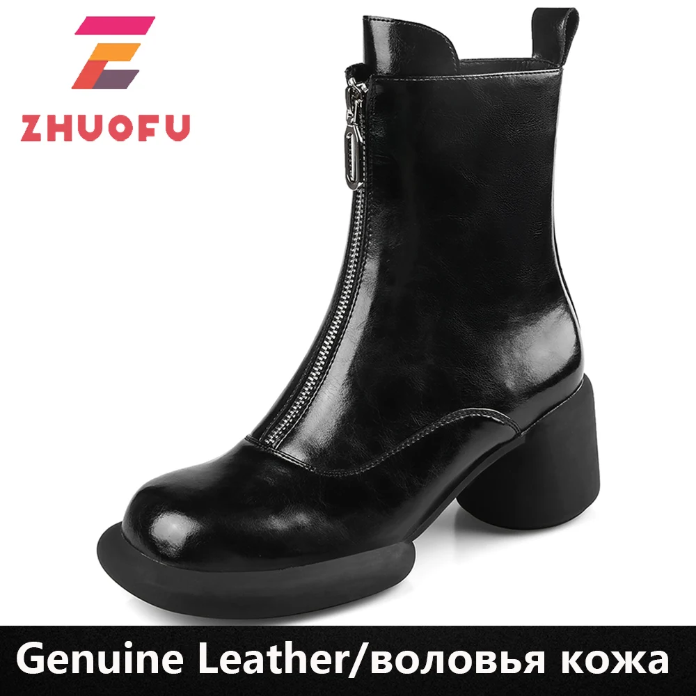 

ZHUOFU 2023 Women Genuine Leather Ankle Boots Fashion HIgh Heels Platform Zipper Black White Dress Working Lady Shoes