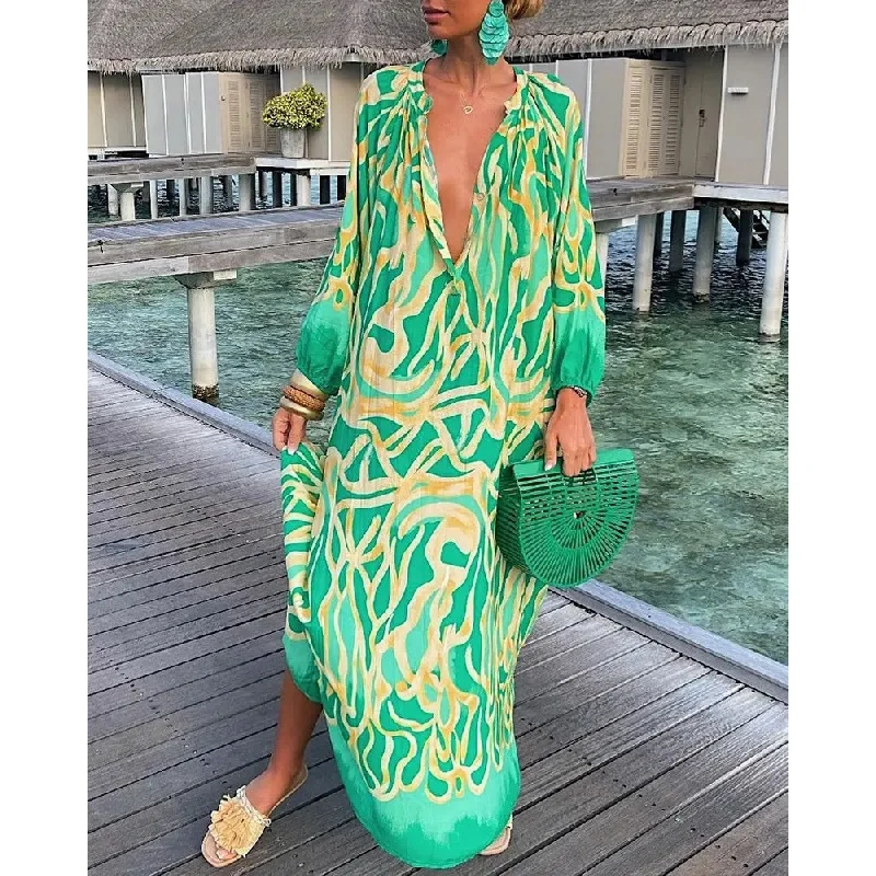 

2023 Vintage Swimsuit Cover Up Women Beach Dress Caftan Sexy Deep V-neck Cover-ups Dresses Summer Woman Clothes Robe