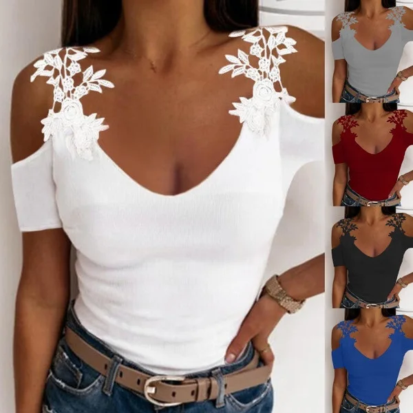 

Blouse Women Lace Floral One Shoulder Top Summer Elegant Ladies Casual V Neck Sold Color Short Sleeve Blouses Shirts Top 2022