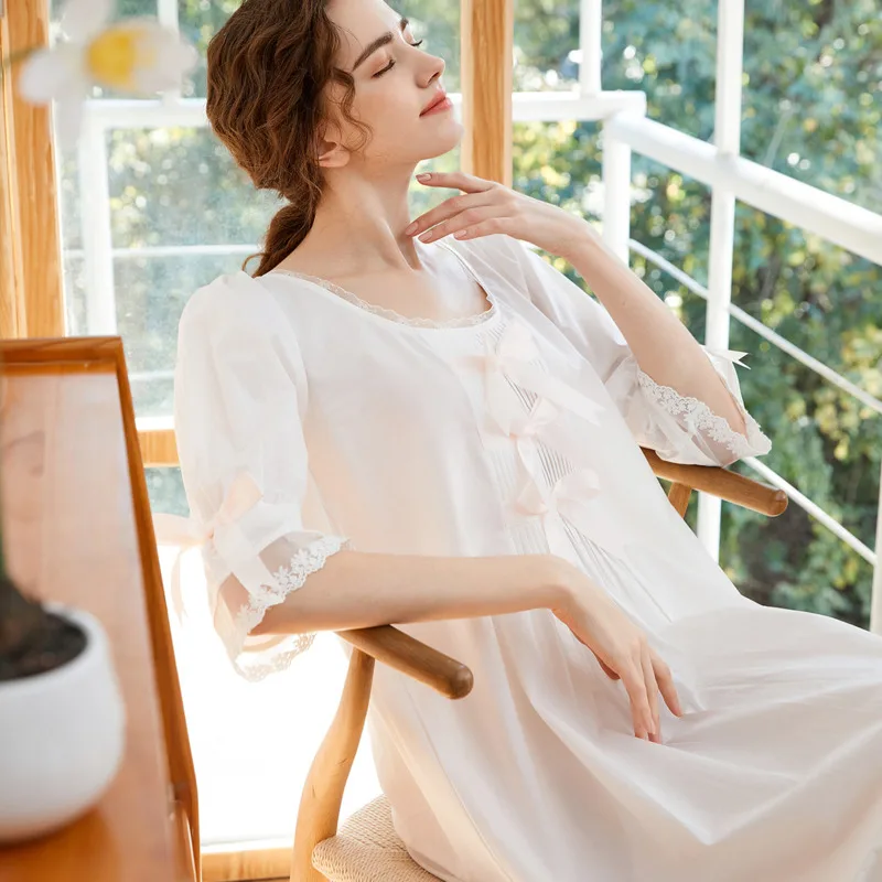 Spring Womens Nightdress Cotton Bow 3/4 Sleeve Sleepshirt Lace Thin Nightgown Loose Comfy Casual Breathable Sleepdress Plus Size