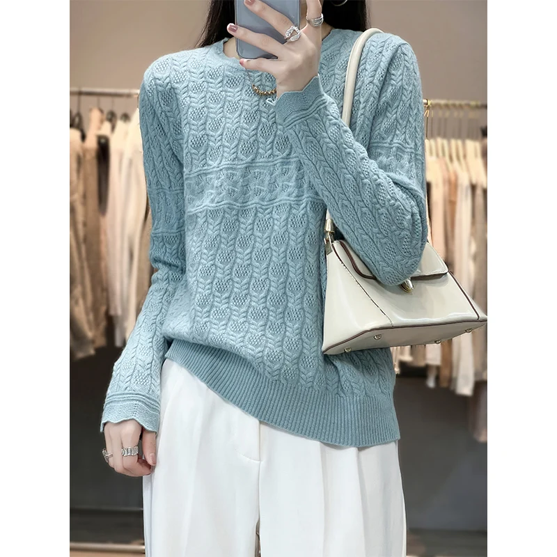 Fashion Hollow Pure Wool Sweater Women's Round Neck Sweater Autumn And Winter Loose And Thin Outer Wear 2022 New Temperament Top
