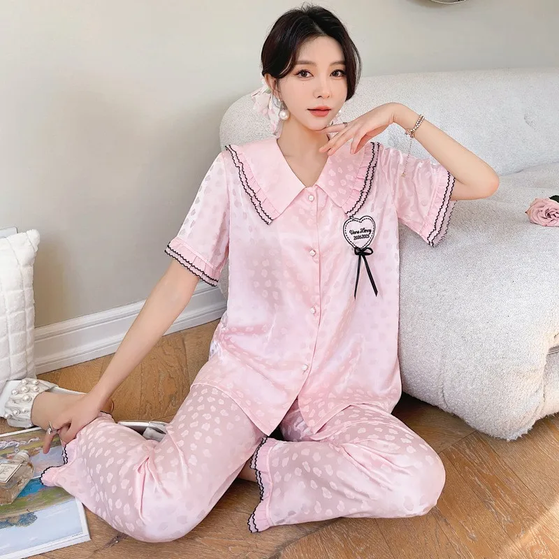 2023 Spring and Summer New Jacquard Pajamas Women's Artificial Silk Short-Sleeved Trousers Love Suit Large Size Can Be Outerwear
