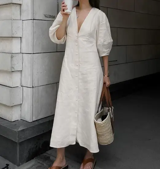 

Женское бежевое Хлопковое платье с пышными рукавами, модные летние свободные платья в европейском и американском стиле с открытой спиной, женские платья