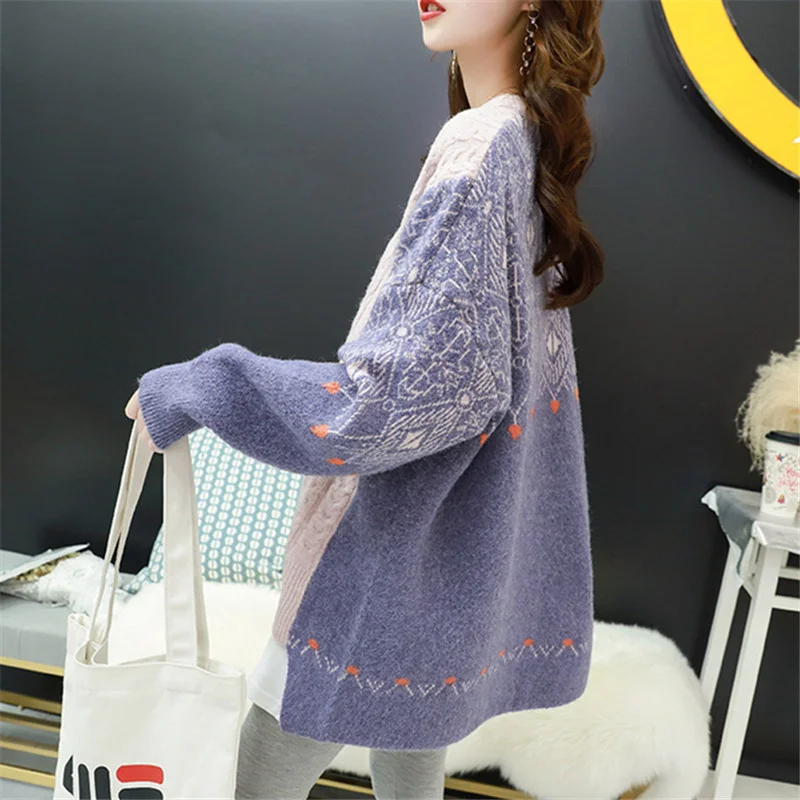 

Autumn Spring Korean Fashion Knitted Sweater Women Loose Mid Length Pullover Patchwork O Neck Long Sleeve Knitting Tops Female