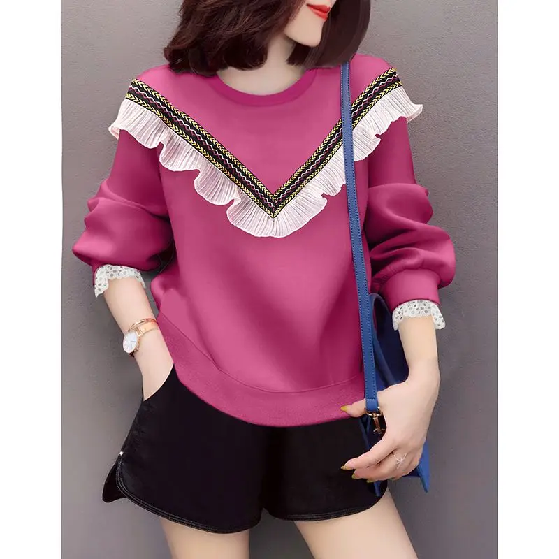French Fungus Edge Fake Two Pieces Round Neck Pink Fashion Sweater 2023 Spring Women  sweatshirts