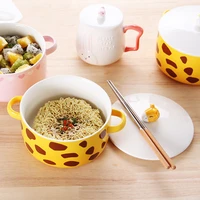 cute animal ceramic instant noodle bowl dining room fruit salad ramen bowl kitchen food container child tableware with cover