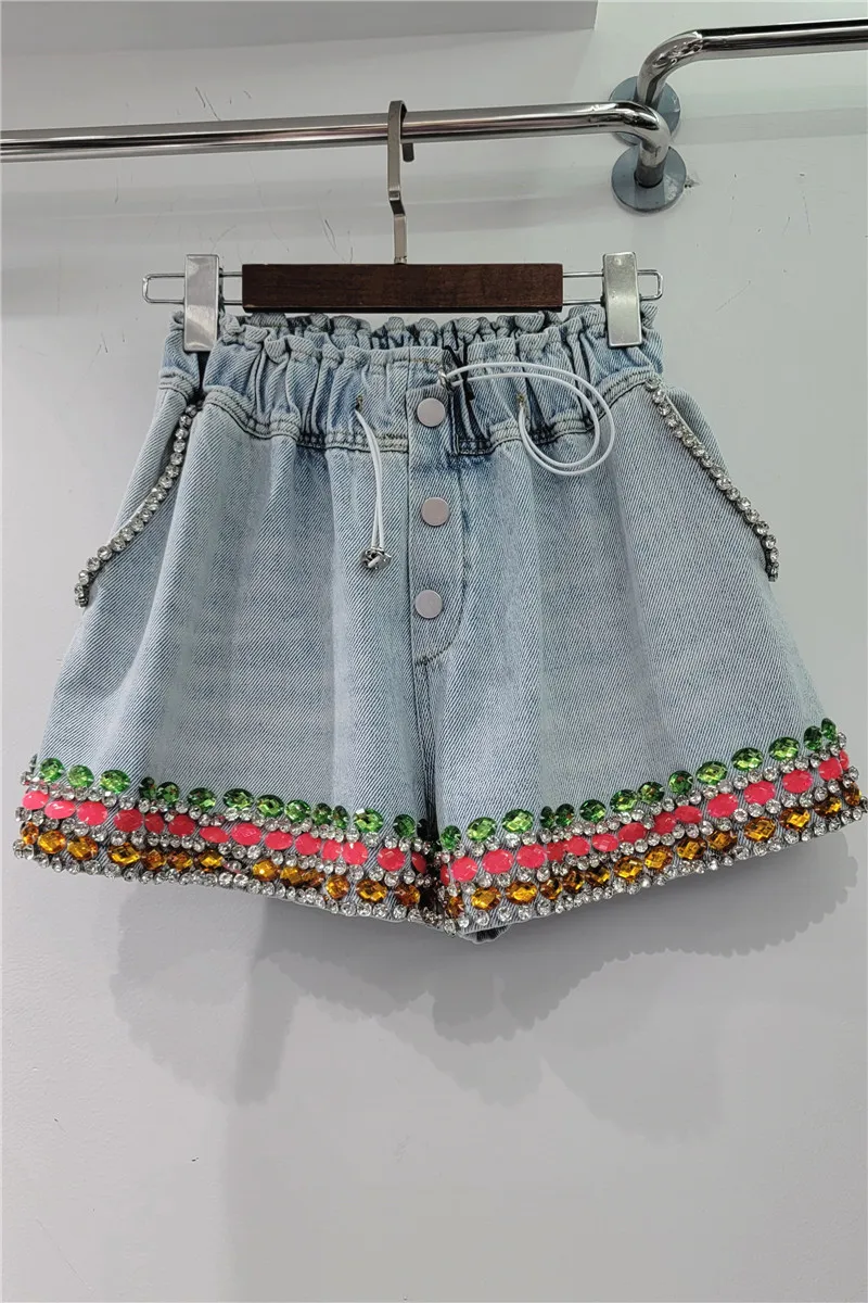 Fashion Heavy Industry Beads High Waist Shorts Slimming Wide-Leg Casual Loose Shorts High Street Style Denim Shorts for Women