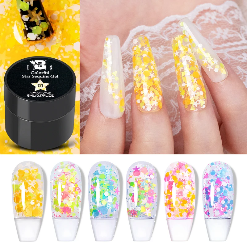

BOZLIN 5g Colorful Star Glitter Sequins Nail Gel Semi Permanent Gel Varnish Shiny Glitter Nail Polish For Manicure Nail Art