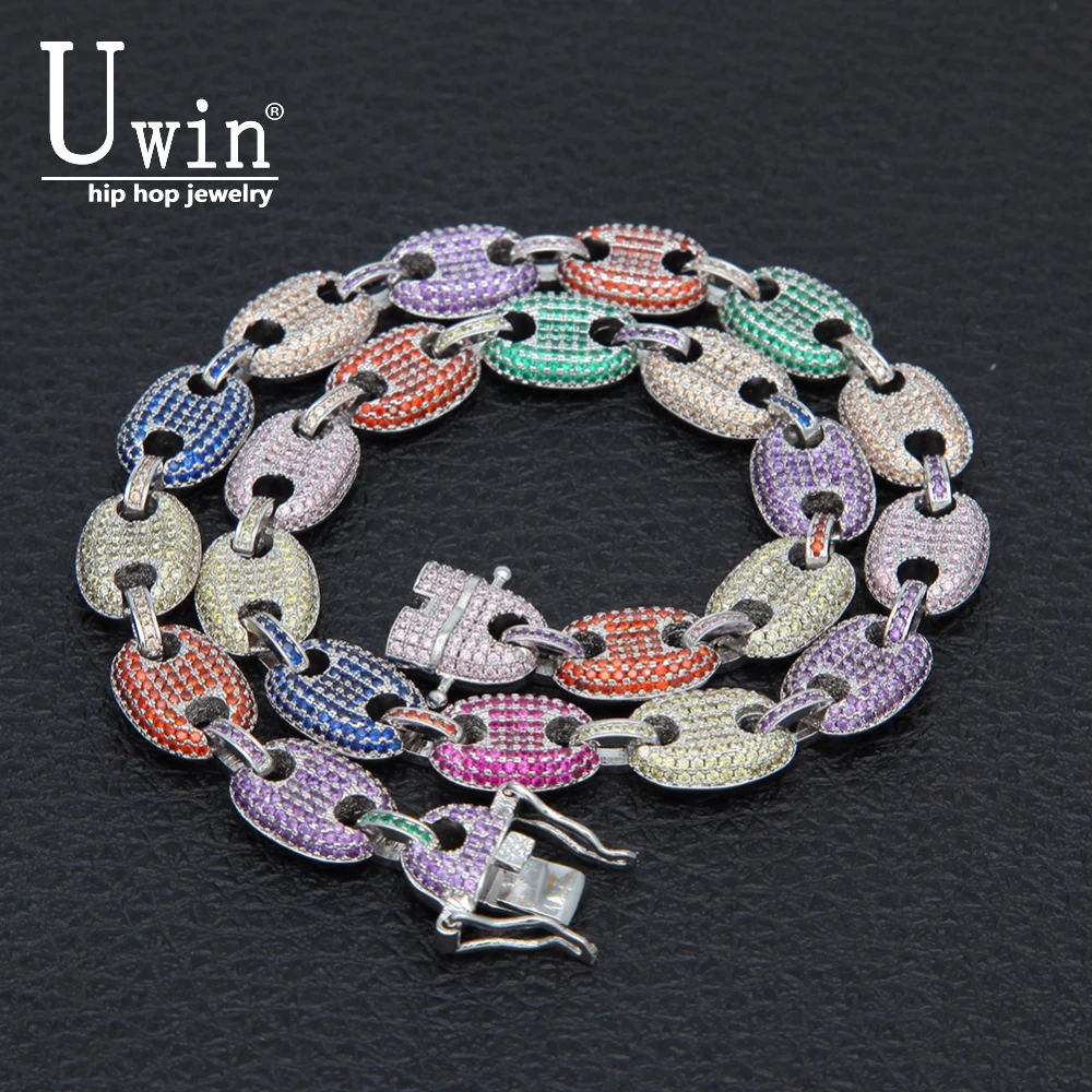 

UWIN 13mm Hip hop Link Coffee Beans Necklace Puffed Marine Chain Gold Color Multicolor Fashion Punk Choker Charms Jewelry