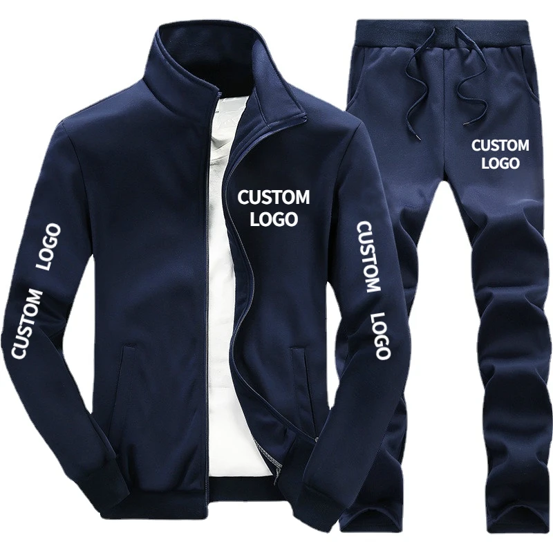 Custom LOGO Men Tracksuit Brand Printed Zipper Lapel Cardigan and Sweatpants 2 Pieces Set Fashion Casual Streetwear Jogger Suit