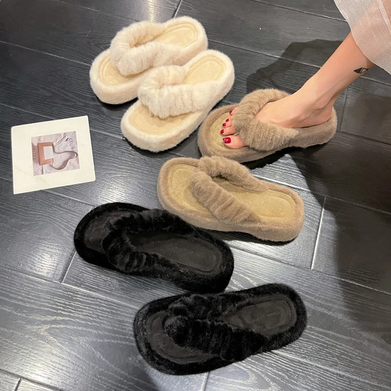 

Rubber Flip Flops Flat Shoes Female Med Womens Slippers Outdoor Slides Flock Pantofle Platform Fur Sliders Fashion Hawaiian 2023