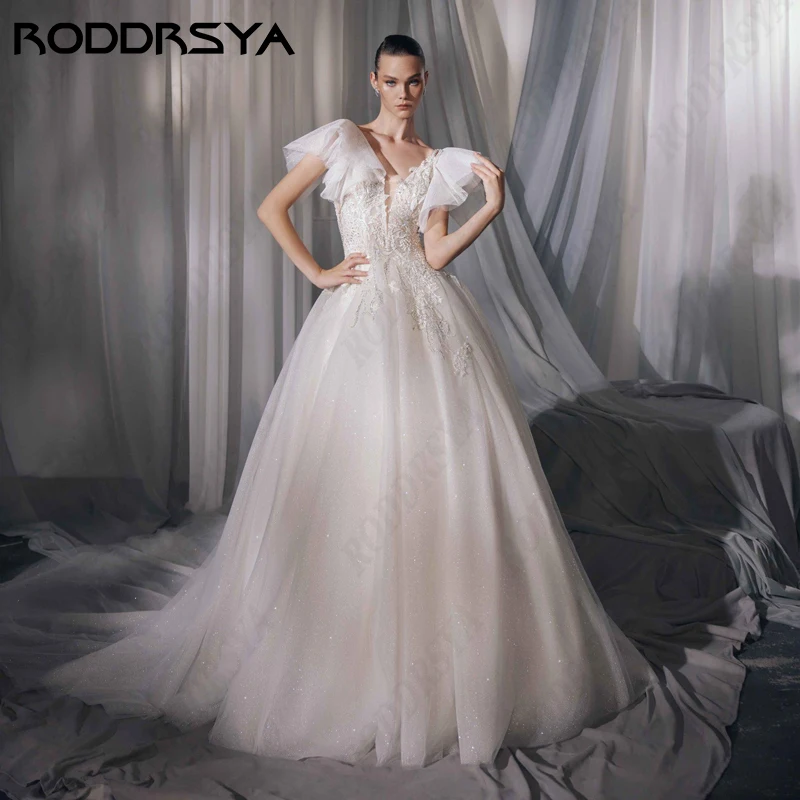 

RODDRSYA Vestido De Novia Sparkling Tulle A-line Wedding Dress For Women Romantic Removable Sleeve Bridal Party Elegant V-Neck