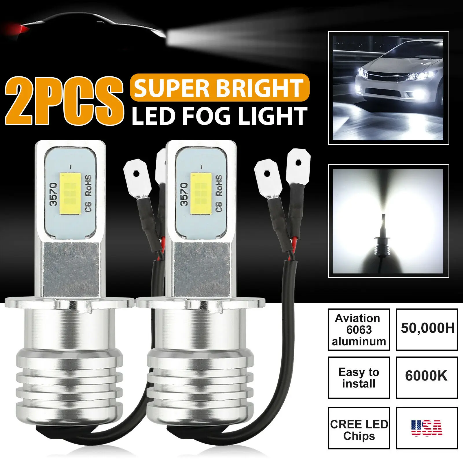 2Pcs H3 Led Car Fog Light Bulbs DRL H1 H8 H9 H11 9005 9006 9012 H4 H7 Auto Lamp 6000K 6500K 80W 12V 24V 3750 Chips Headlight