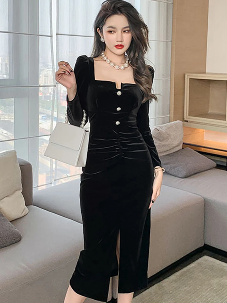 

Fashion Sexy Women Dress Square Collar Puff Sleeve Midi Slim Split Solid Classic Black Party NightClub Female Clothes Vestidos