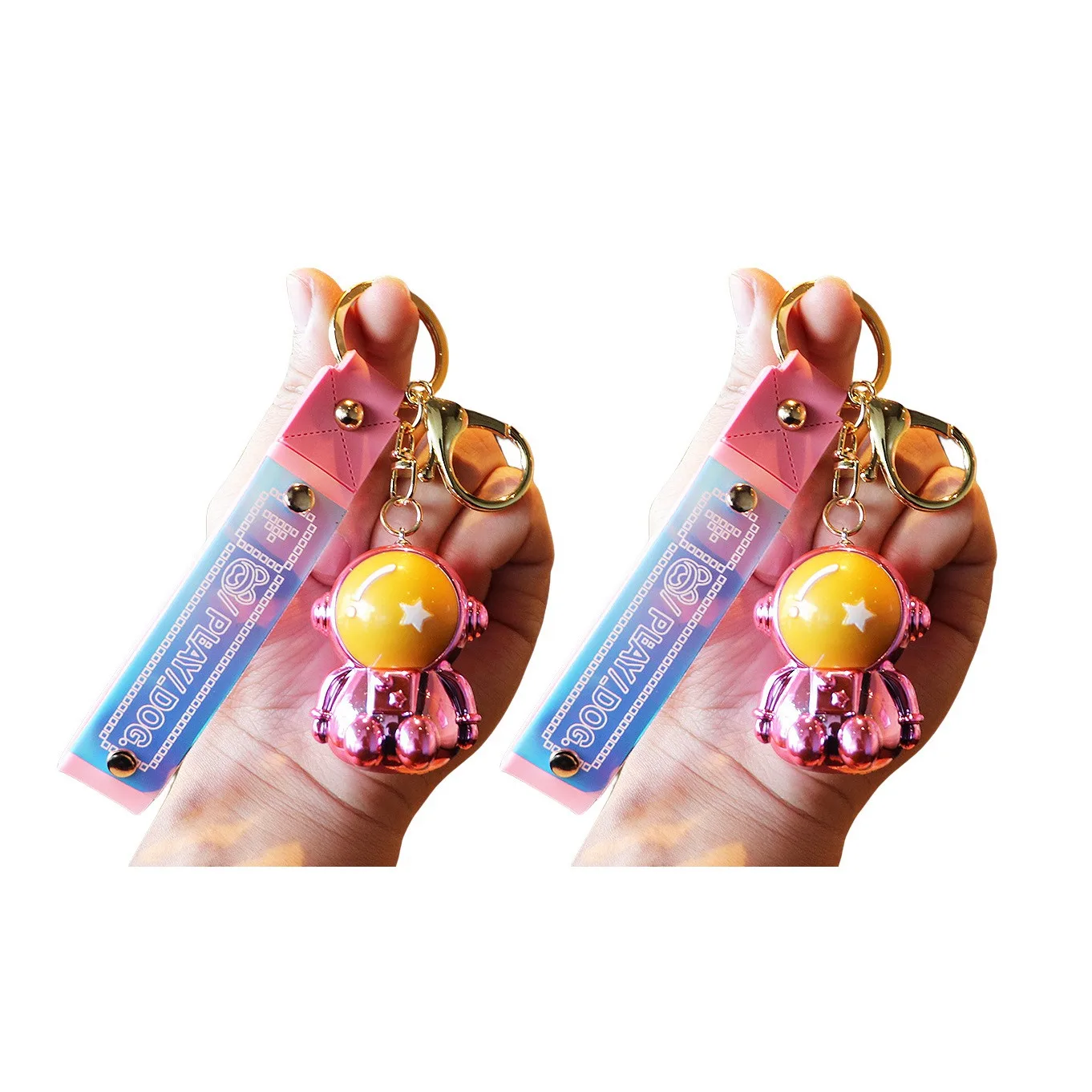 

2 Cartoon Cute Space Astronaut Rocket Planet Key Chain Spaceman Key Ring Male and Female Anime Car Accessories Pink