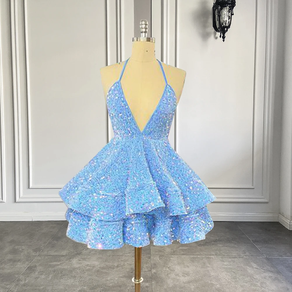 

Блестящие коктейльные платья с V-образным вырезом и блестками светло-голубого цвета для африканских женщин 2022 для свадьбы