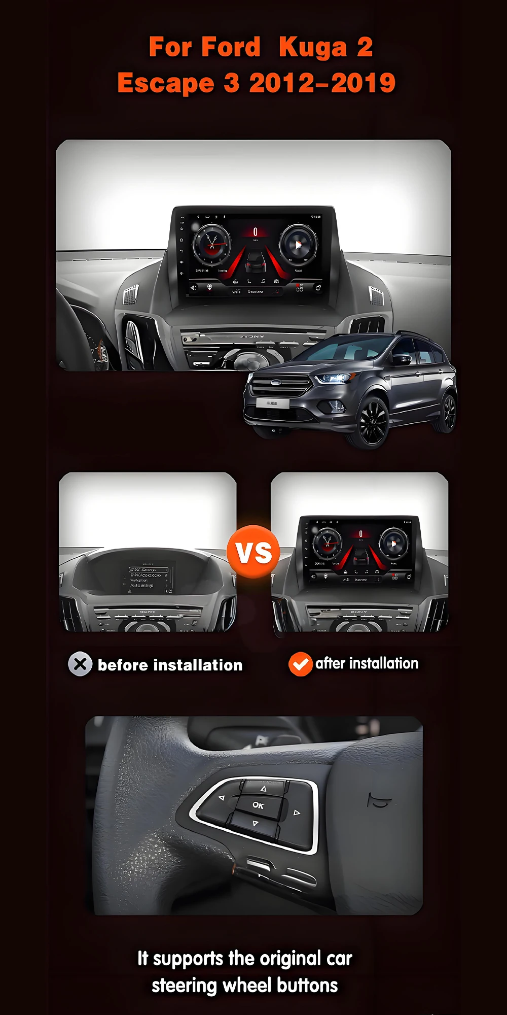 Фото Автомагнитола для FORD C-MAX KUGA 2 ESCAPE 3 2012-2019 с Android Auto, CarPlay, мультимедиа, навигацией и сенсорным экраном №2