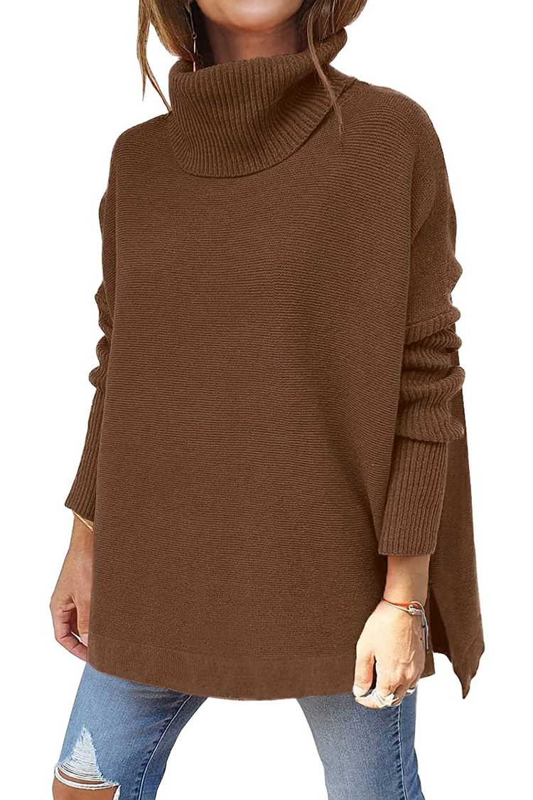 Women's Turtleneck Oversized Sweaters Pullover Jumper Long Sleeve Split Hem Knit Tunic Tops